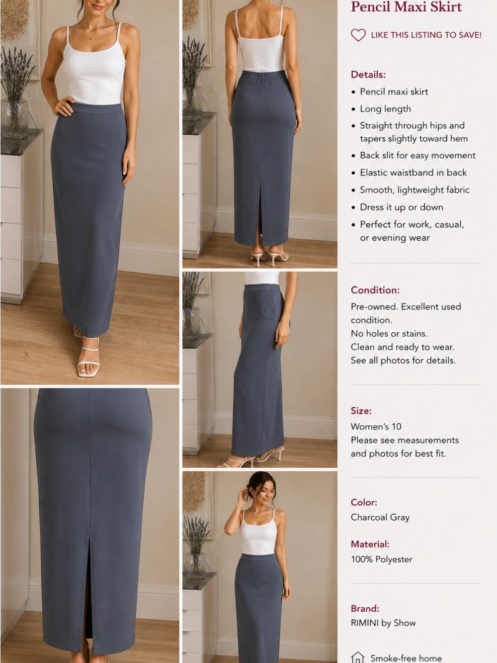 Rimini Charcoal Gray Pencil Maxi Skirt with Back Slit